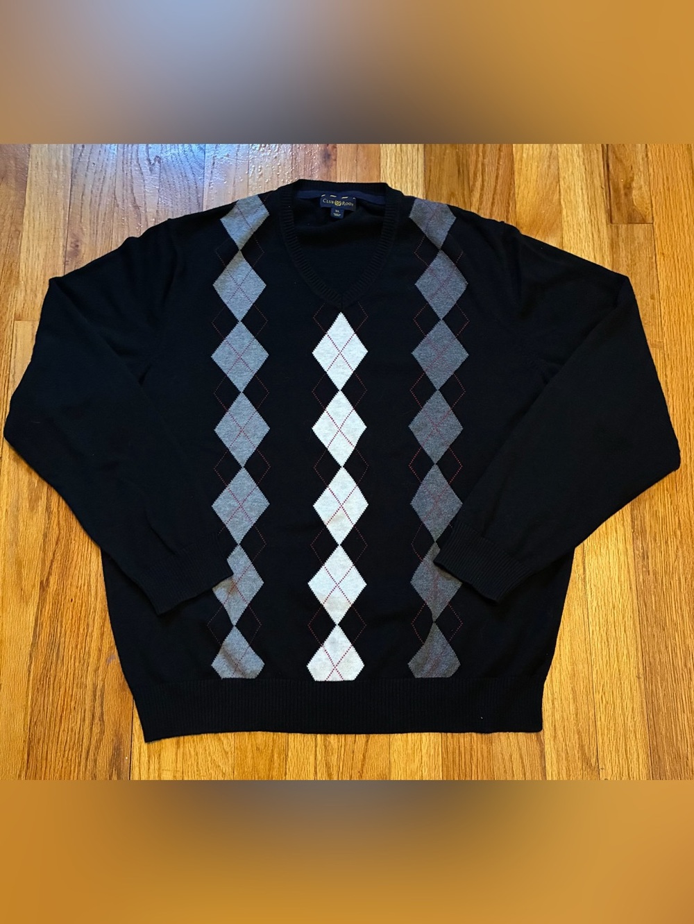 Club Room Black Argyle V-Neck 100% Cotton Pullover Sweater Long Sleeve Men’s XL